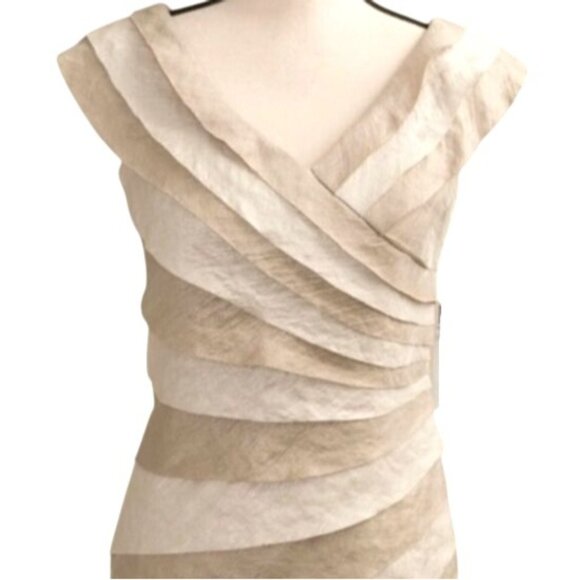London Style Collection Layered Pleated Cocktail Dress Mother of Bride 16 Beige - Picture 2 of 7